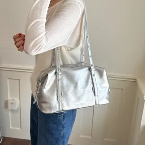 Femme sac à épaule argenté métallique décontracté grand sac oreiller doubles brides