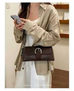 Chic brown woven shoulder bag for women retro minimalist baguette purse daily handbag