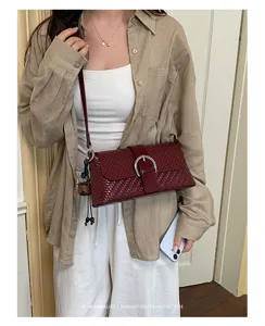 French vintage woven shoulder bag for women, chic retro style casual handbag, dark red.