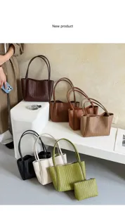 Woven tote bag detail showcasing multiple color options and craftsmanship for daily commuting.