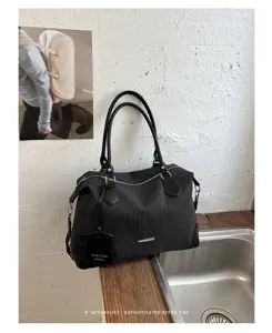 Vintage vertikale Streifen Boston Tasche Damen große Kapazität Schulter Handtasche Retro Stil