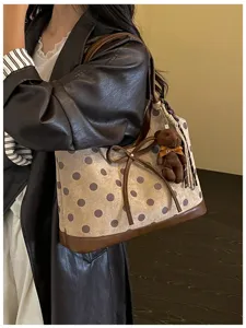 Korean style polka dot shoulder bag for women, large capacity commuter handbag with bear.