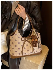 Korean fashion polka dot shoulder underarm bag for women chic tote handbag with cute bear.