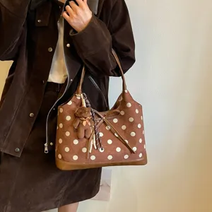Korean style polka dot shoulder underarm bag for women large capacity brown fashion handbag.
