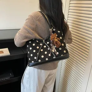 Korean style polka dot shoulder bag for women, large capacity commuter tote with bow and bear.