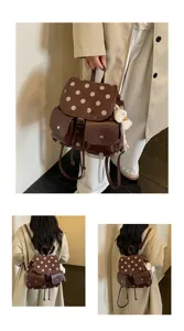 Korean niche women brown polka dot backpack, casual daily commute lightweight stylish school bookbag