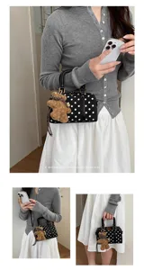 Women's retro polka dot Boston handbag with cute teddy bear charm chic shoulder cross body bag
