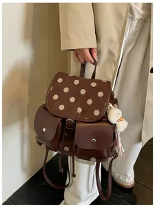 Korean style brown polka dot women backpack, stylish daily commute casual school book bag.