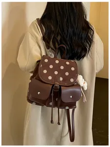 Korean style polka dot backpack women chic brown casual daily commute lightweight school bag
