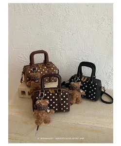 Polka dot Boston handbag with cute teddy bear charm stylish retro shoulder cross body bag