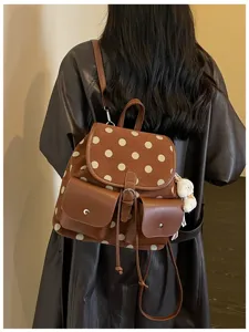 Korean style vintage polka dot backpack for women, cute brown suede school bag daily commute.