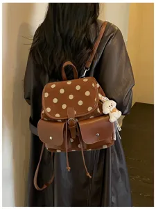 Korean style chic brown polka dot backpack for women, casual commuting daily school bag.