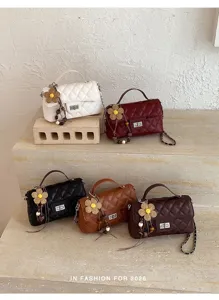 Women quilted chain handbag stylish PU leather shoulder crossbody bag with elegant floral charm