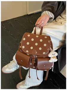 Korean style brown polka dot backpack, chic daily commuting casual lightweight school bag.