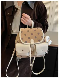 Korean style polka dot backpack for women casual commuter bookbag with front pockets brown