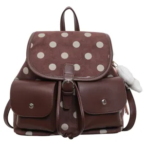 Korean style brown polka dot backpack for women, stylish and lightweight daily commute bag.