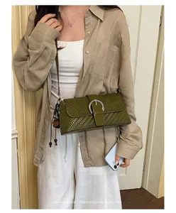 French style woven underarm bag for women, retro olive green shoulder baguette bag commuting.