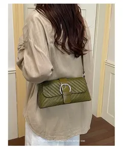 Green woven shoulder bag women retro baguette purse elegant casual PU leather handbag chic