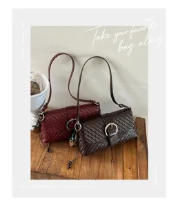 French vintage woven underarm bag for women, stylish PU leather shoulder handbag daily use.