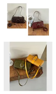 Detailed view of retro woven leather shoulder bag with metal buckle and stylish baguette design.
