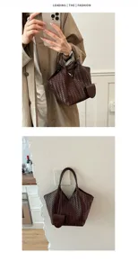 Retro woven tote bag for women large capacity shoulder bag vintage PU leather hobo handbag