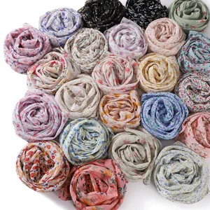 Floral chiffon scarf details, soft breathable fabric with abstract print designs.