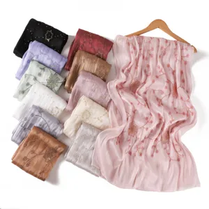 Thin sequin embroidered solid color silky long scarf breathable hijab for women daily wear