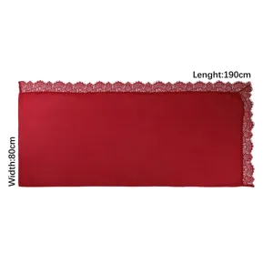 Red modal cotton lace long scarf detail showing fine floral lace trim and soft fabric texture.