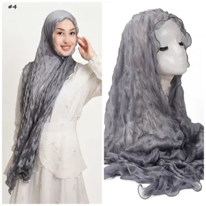 Glossy crinkled tulle long hijab scarf, solid color breathable lettuce edge soft wrap.