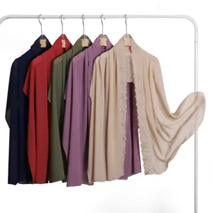 Lightweight solid color chiffon long scarf with floral lace trim, breathable and elegant.