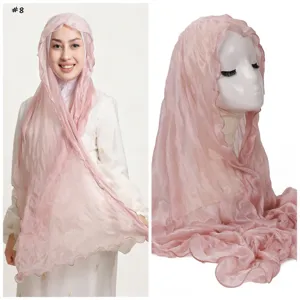 Solid color crinkle chiffon hijab scarf with lettuce edge, lightweight and breathable.