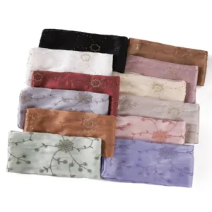 Soft satin silk scarf with sequin embroidery, breathable long hijab wrap in multiple solid colors.