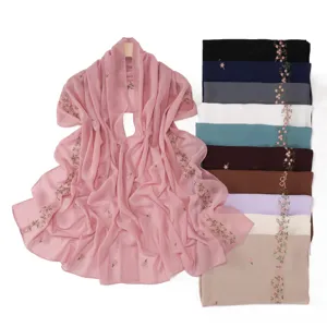 Women floral embroidered chiffon long scarf lightweight breathable hijab wrap shawl