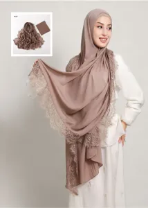 Breathable modal lace hijab scarf and matching inner tube cap set in mocha brown