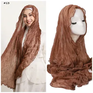 Solid color crinkled chiffon long hijab scarf with lettuce edge breathable Muslim head wrap.