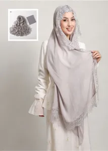 Solid Modal Cotton Lace Hijab Set with Matching Inner Cap Breathable Long Scarf