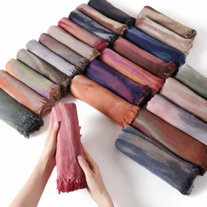 Gradient rayon wrinkle scarf long soft breathable fringed shawl delicate detail view
