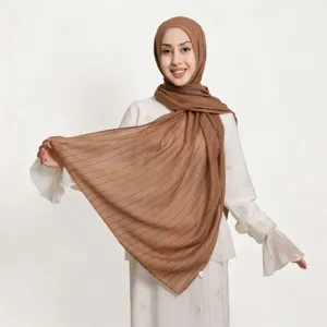 Women lightweight brown striped sparkly hijab scarf comfortable cotton linen headwrap shawl.