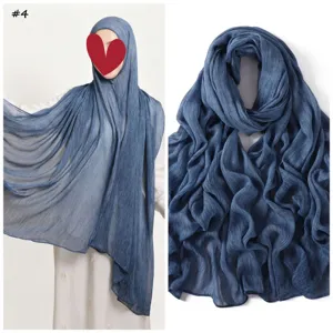 Sciarpa hijab stropicciata tinta unita vintage, lunga sciarpa in cotone morbido.