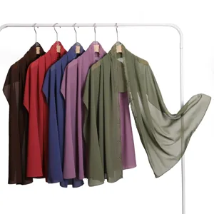 Versatile solid color chiffon long scarf with delicate floral embroidery, thin and breathable.