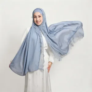 Breathable modal rayon lace long hijab scarf with matching elastic inner cap headwear set.