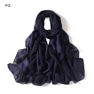 Dark blue striped metallic silk scarf, lightweight breathable long shawl for women daily wear.