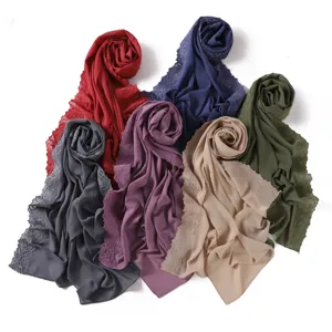 Solid color camellia embroidered chiffon hijab long scarf lightweight breathable veil for women