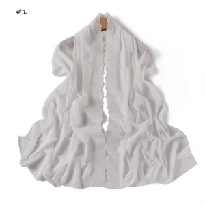 White chiffon scarf with delicate camellia floral embroidery, lightweight breathable.