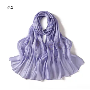 Lavender silk satin long scarf featuring delicate sequin and spiderweb embroidery details.
