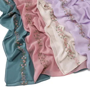 Lightweight floral embroidered long scarf breathable chiffon elegant neckerchief for women.