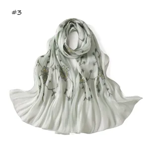 Lightweight pleated satin silk scarf with sequin embroidery, soft, breathable, and elegant shawl.