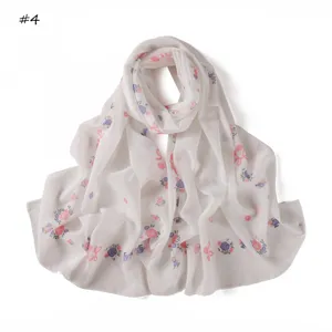 Women white chiffon long scarf with floral bow print, lightweight spring fashion accessory.