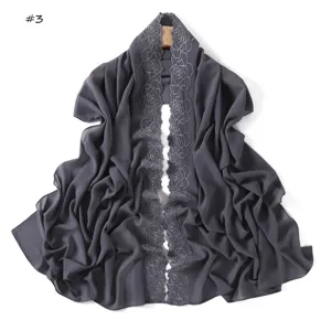 Dark gray camellia embroidered chiffon long scarf, lightweight breathable floral hijab detail.