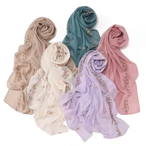 Exquisite floral embroidered long scarf, breathable lightweight hijab and stylish shawl wrap for women.